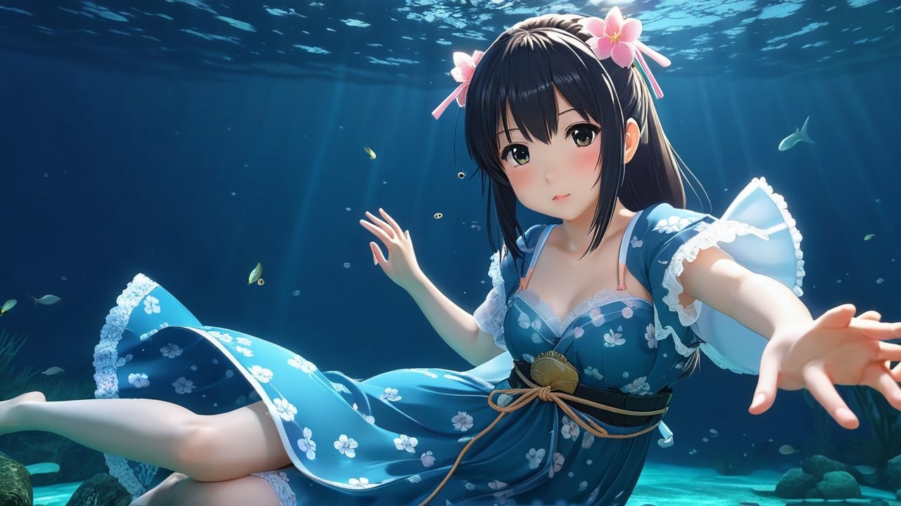 Young Woman in Blue Dress Submerged Underwater