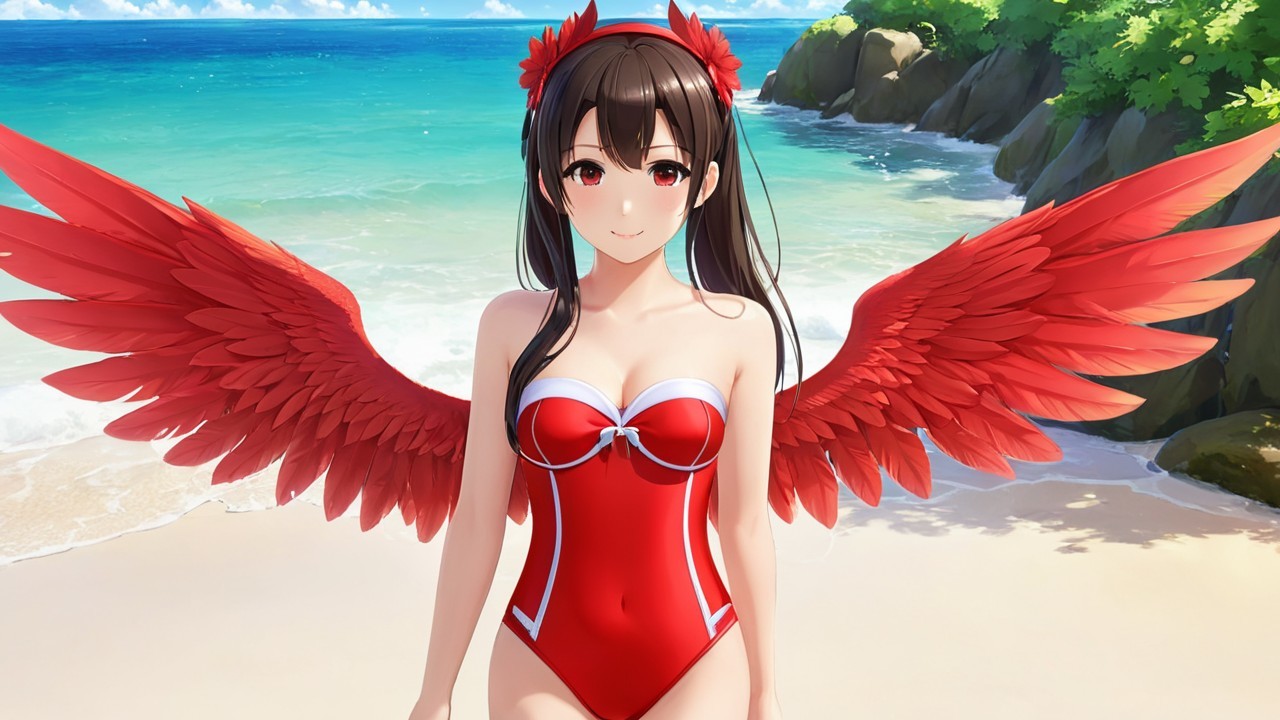 Young woman in red swimsuit with feathered wings on beach