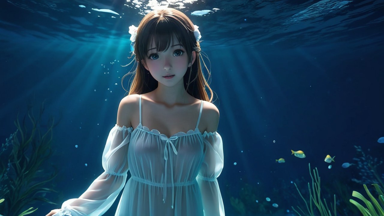 Underwater Scene with Woman in Sheer White Dress