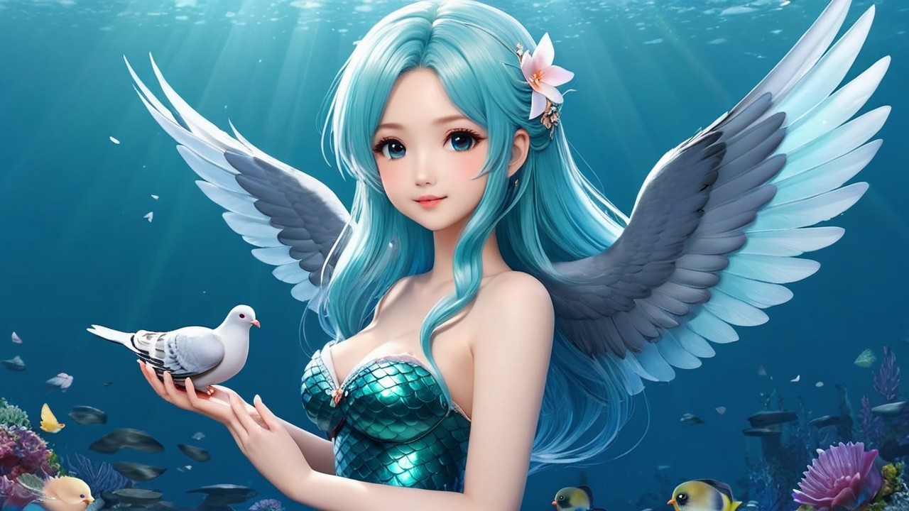 Underwater Scene with Mermaid and Marine Life