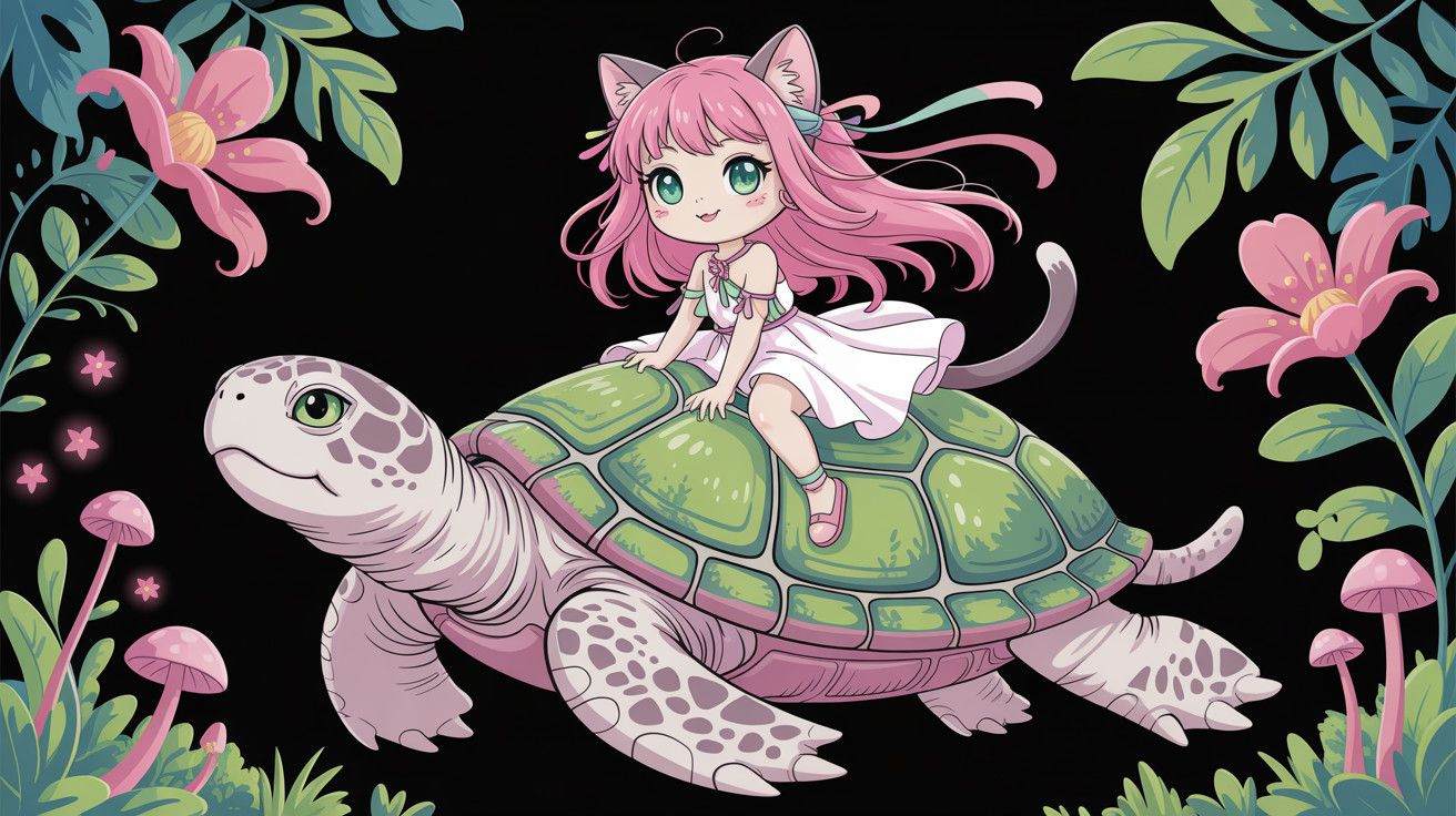 Chibi Anime Girl on Turtle with Flowers Artwork