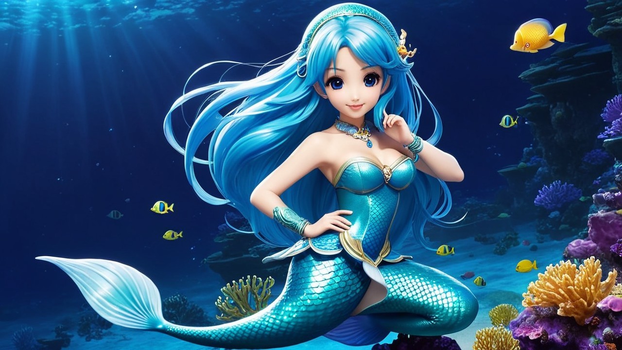 Mermaid on Coral Reef with Aqua Tail and Jewelry
