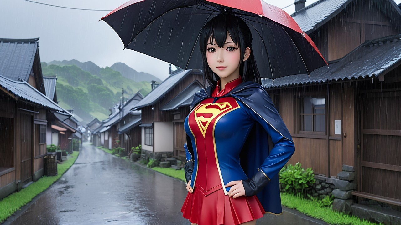 Superheroine in Rainy Village with Bright Outfit