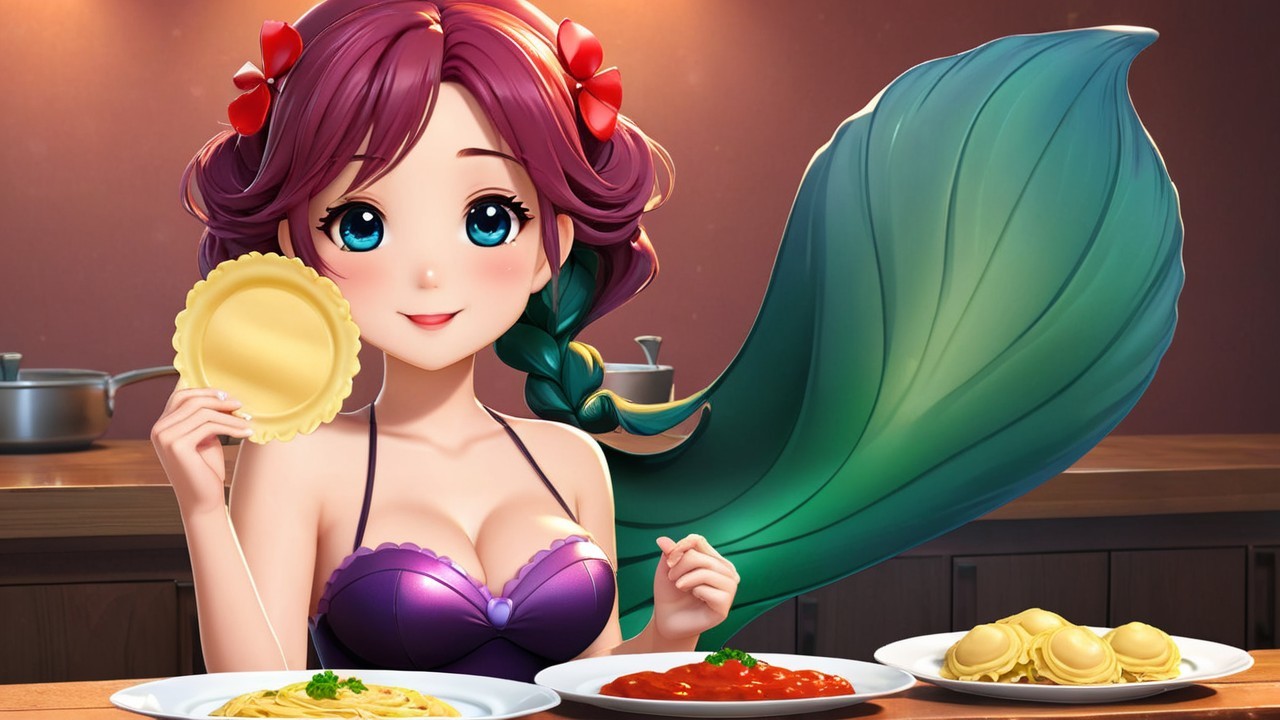 Cheerful mermaid with pasta in a cozy kitchen setting