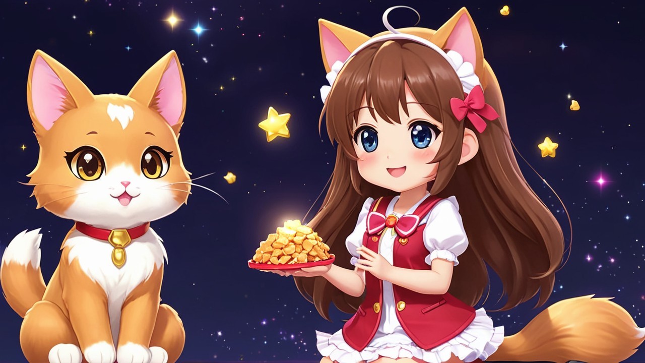 Cheerful girl with treats and cat in starry setting
