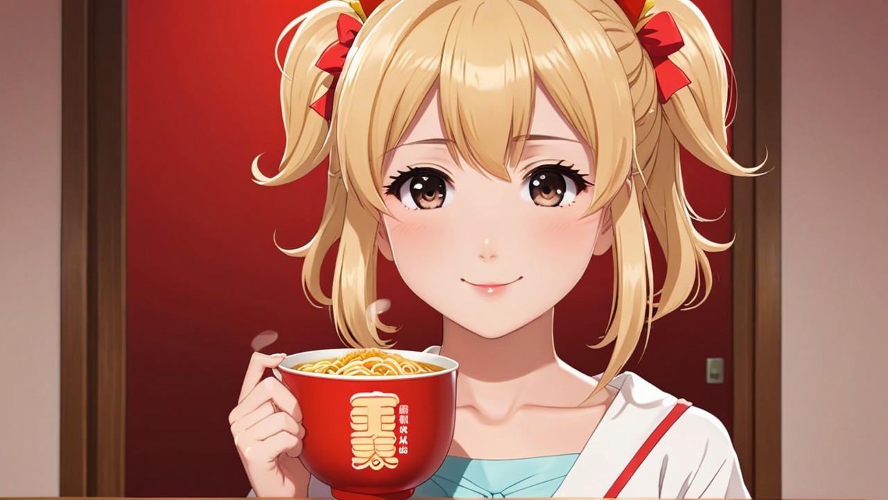 Cheerful girl with pigtails enjoying a bowl of noodles