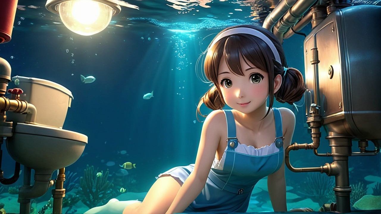 Young woman in blue dress in underwater setting