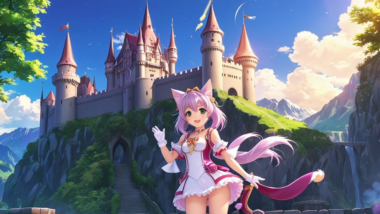 Anime girl with pink hair at a castle scene