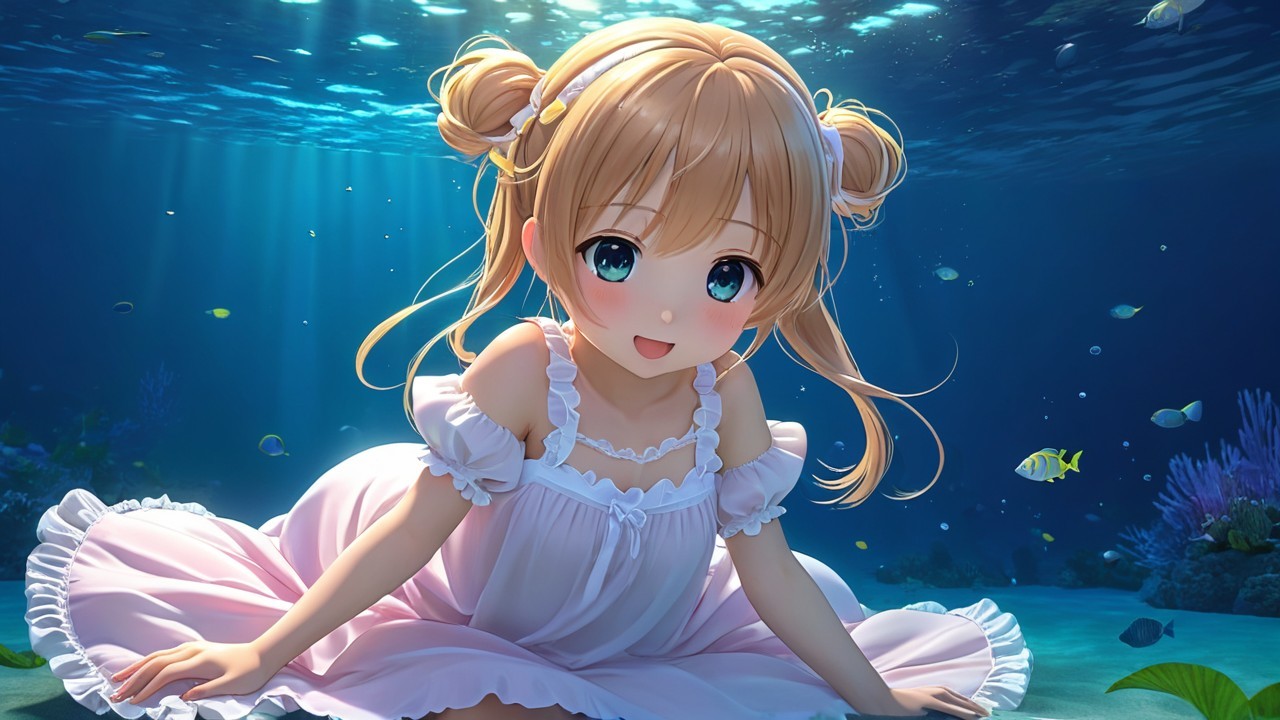 Cheerful girl in frilly dress sits underwater with fish