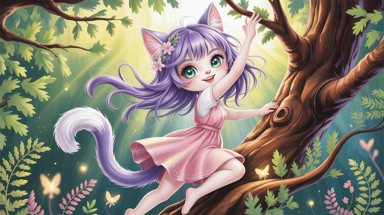 Cheerful Magical Girl in Vibrant Fantasy Forest Scene
