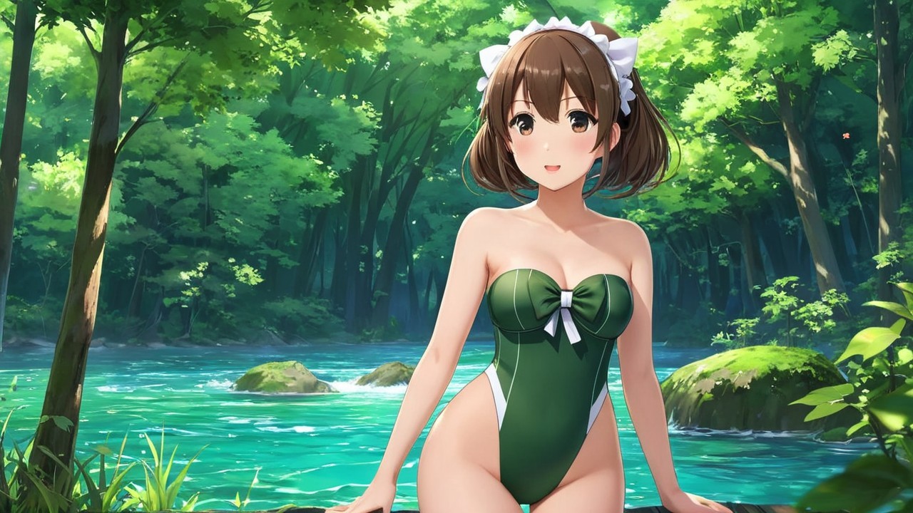 Cheerful Woman by Serene River in Stylish Swimsuit