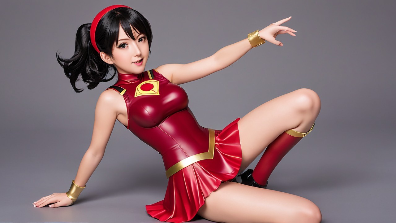 Vibrant Character in Red and Gold Outfit with Playful Pose