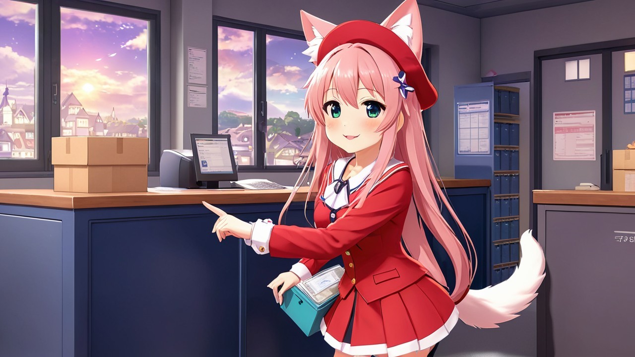 Cheerful anime character in colorful post office setting