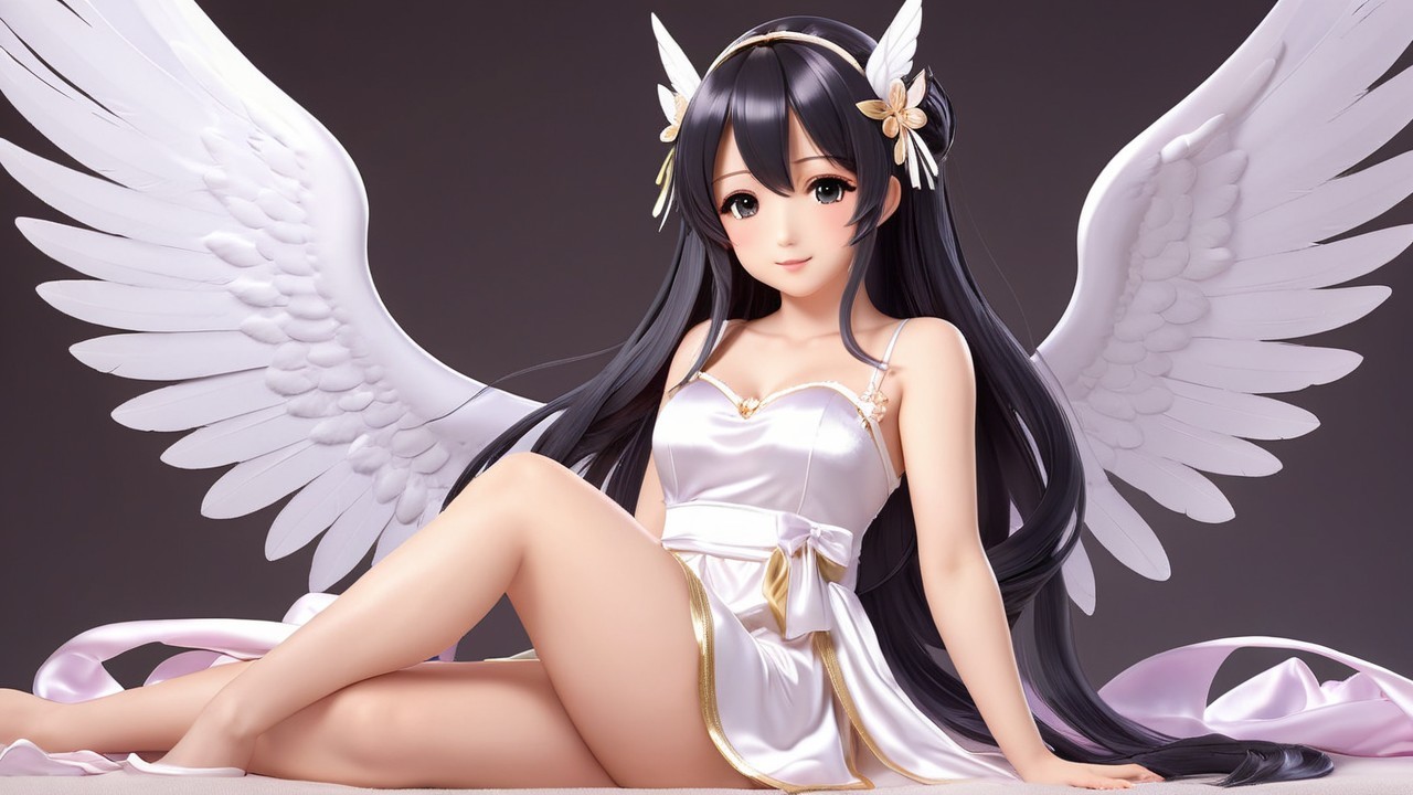 Character with Black Hair and White Wings in Gown