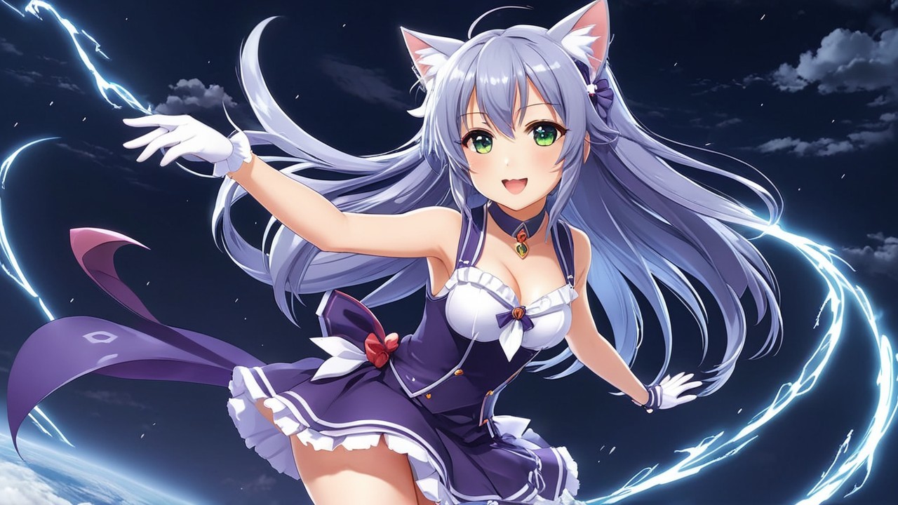Vibrant Anime Character with Cat Ears and Gray Hair
