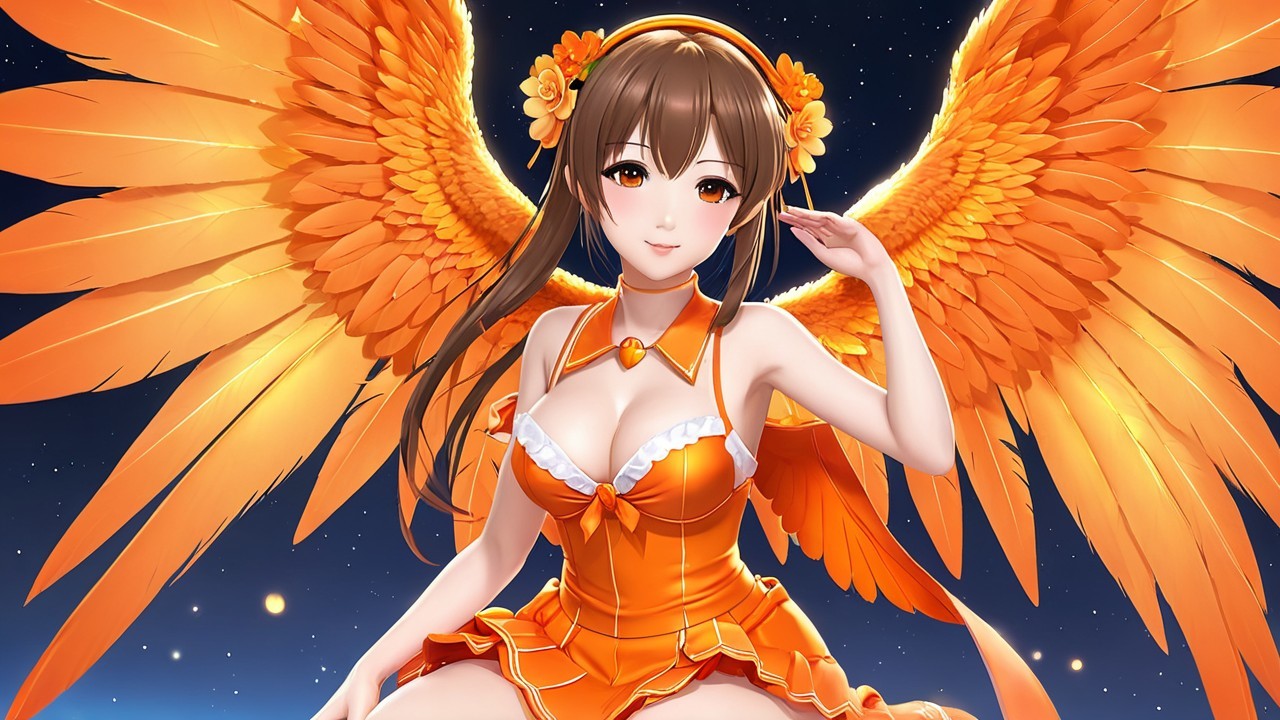 Vibrant Character with Orange Wings and Starry Background