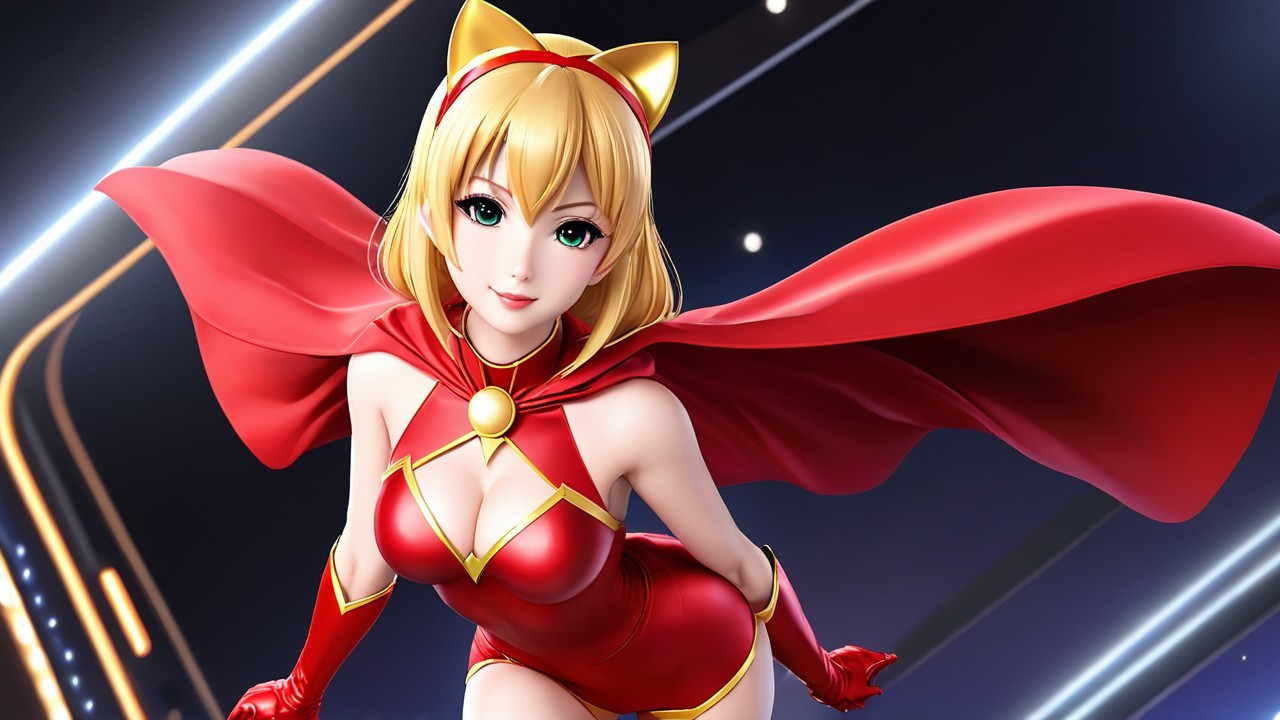 Anime Character in Red Outfit with Futuristic Background