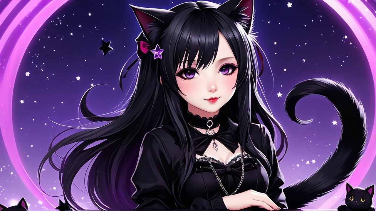 Anime Character with Cat Ears in Purple Setting