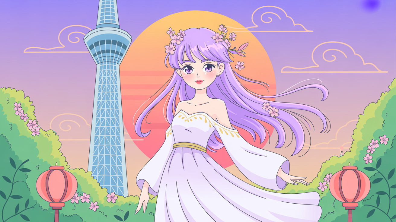 Anime illustration of a woman in lavender dress at sunset
