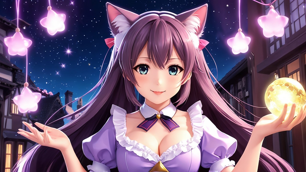 Girl with Purple Hair and Cat Ears Under Starry Sky