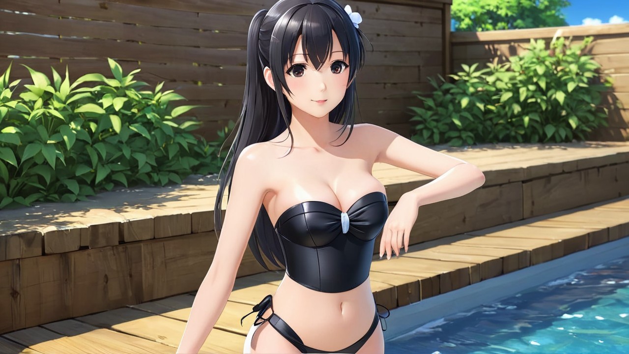 Young Woman in Black Swimsuit by Poolside with Flowers