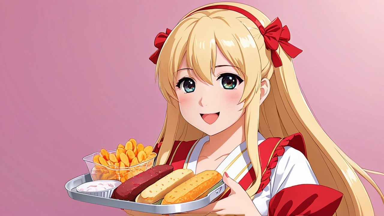 Cheerful anime character with snacks and vibrant outfit