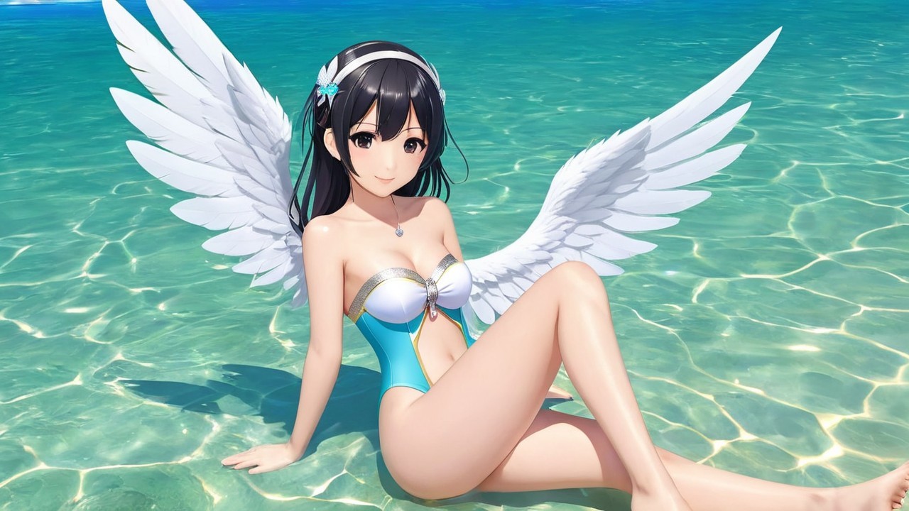 Young woman with wings by a turquoise sea