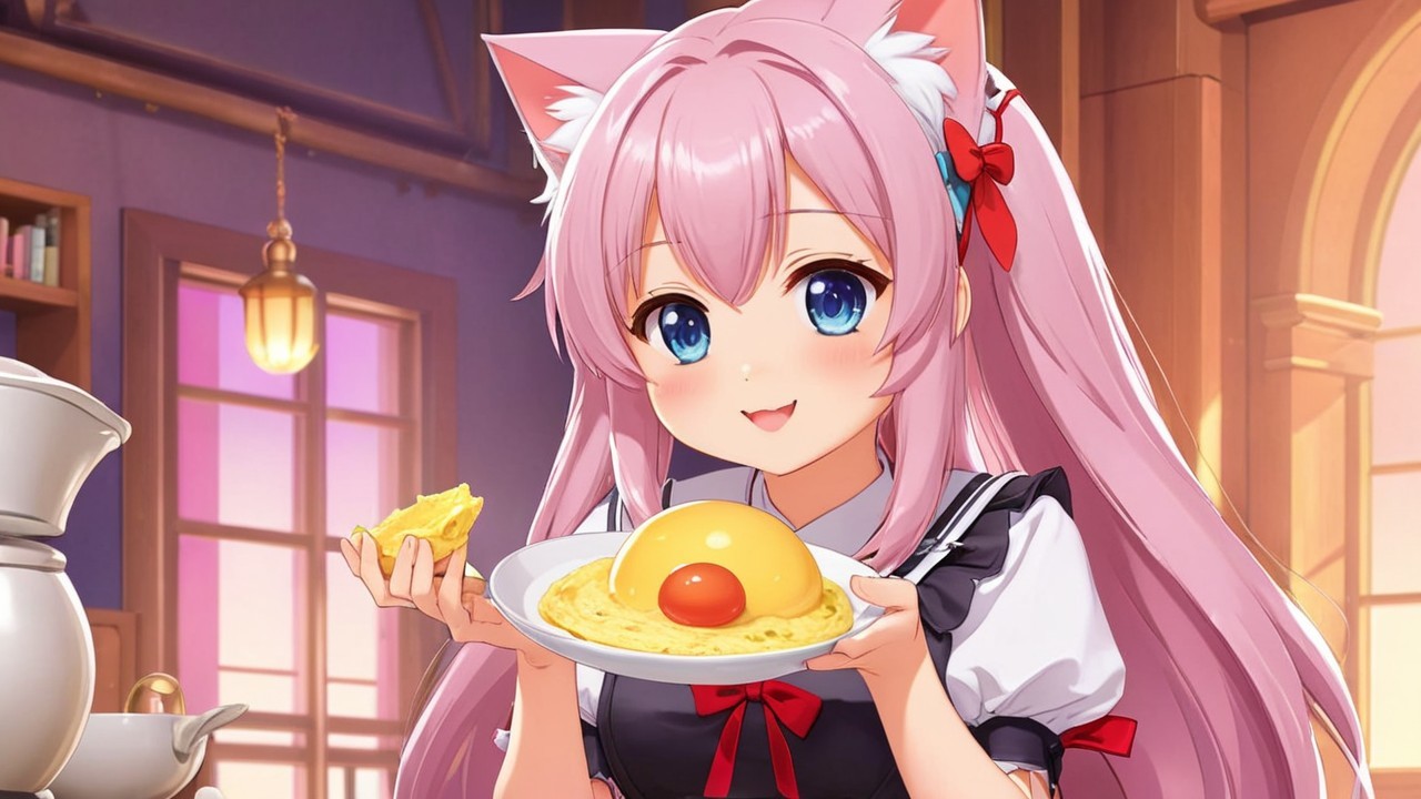 Cheerful Anime Character in Cozy Kitchen with Omelet