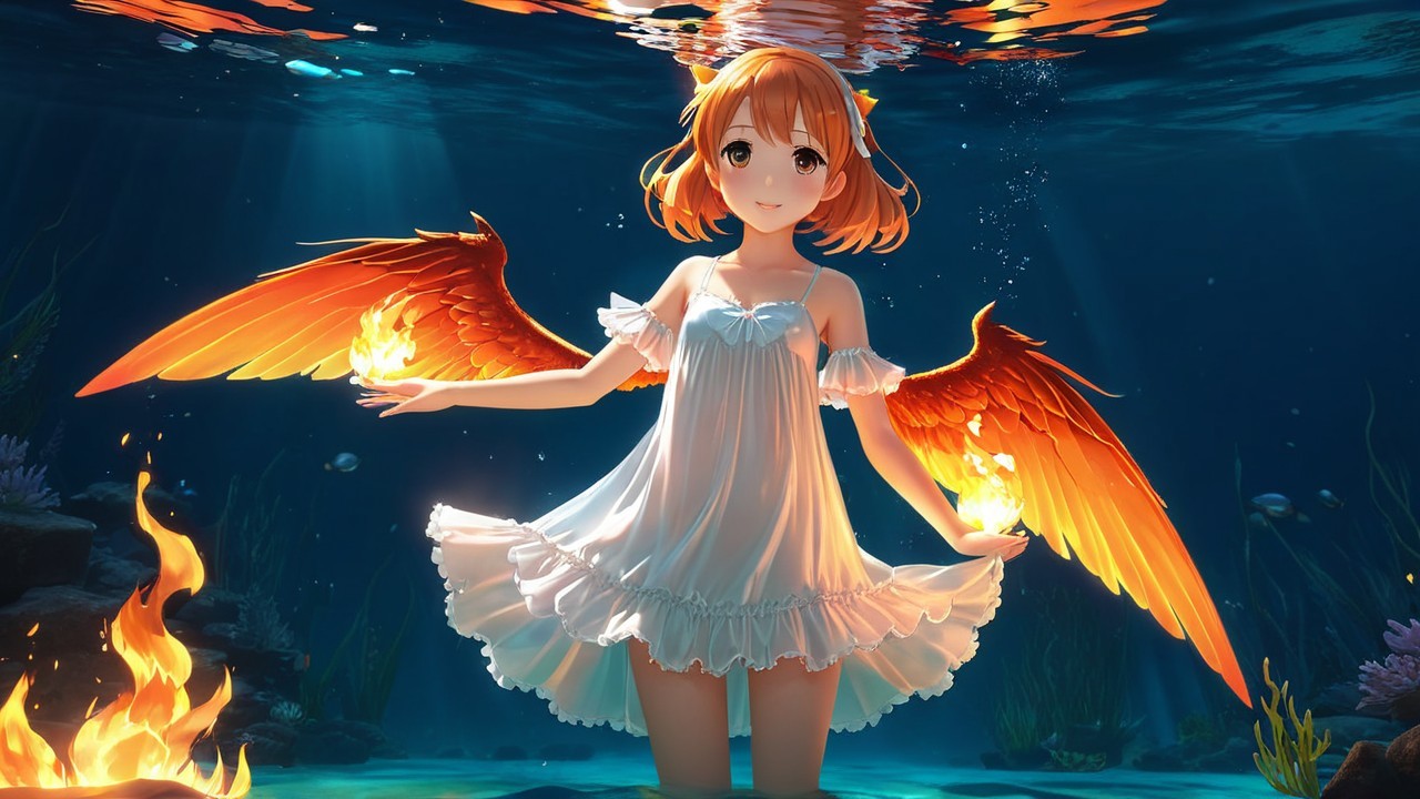 Whimsical Underwater Scene with Glowing Wings and Plants