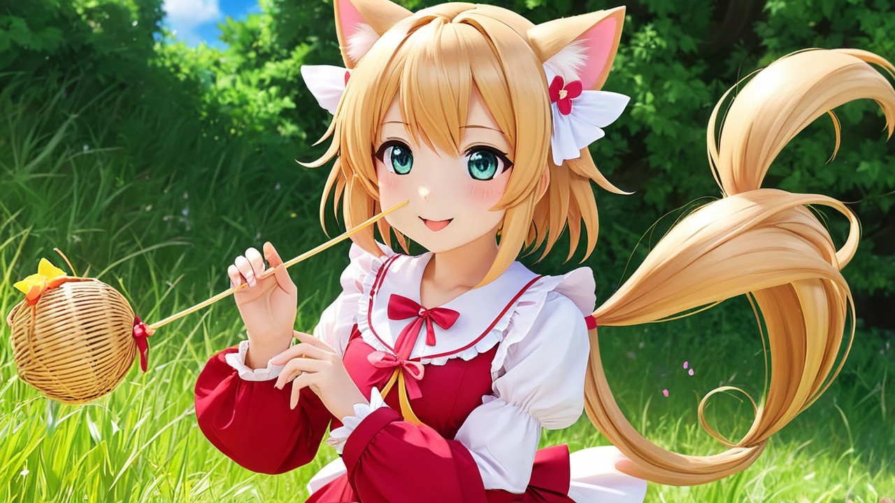 Cheerful anime character in a green meadow setting