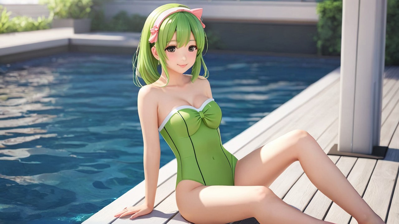 Animated character with green hair by a pool