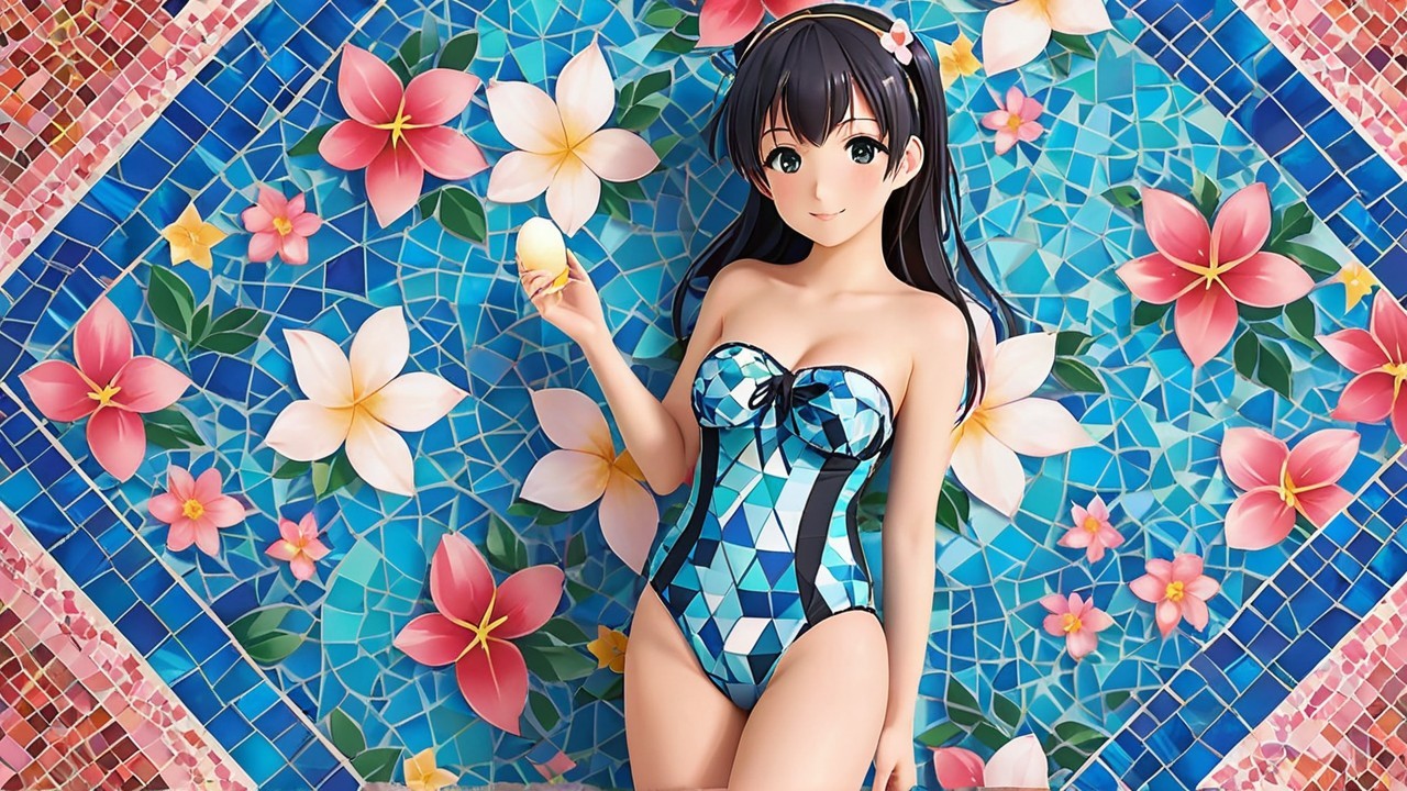 Young Woman in Blue Swimsuit with Ice Cream Cone