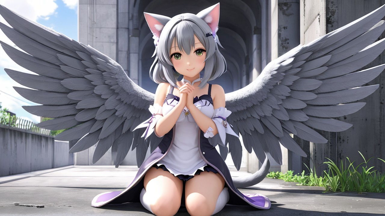 Anime-style character with cat ears and wings