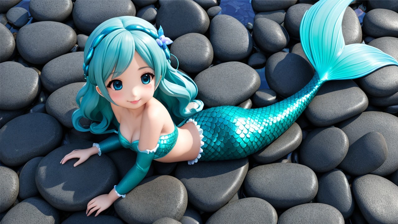 Whimsical Animated Mermaid on Black Stones with Ocean Waves