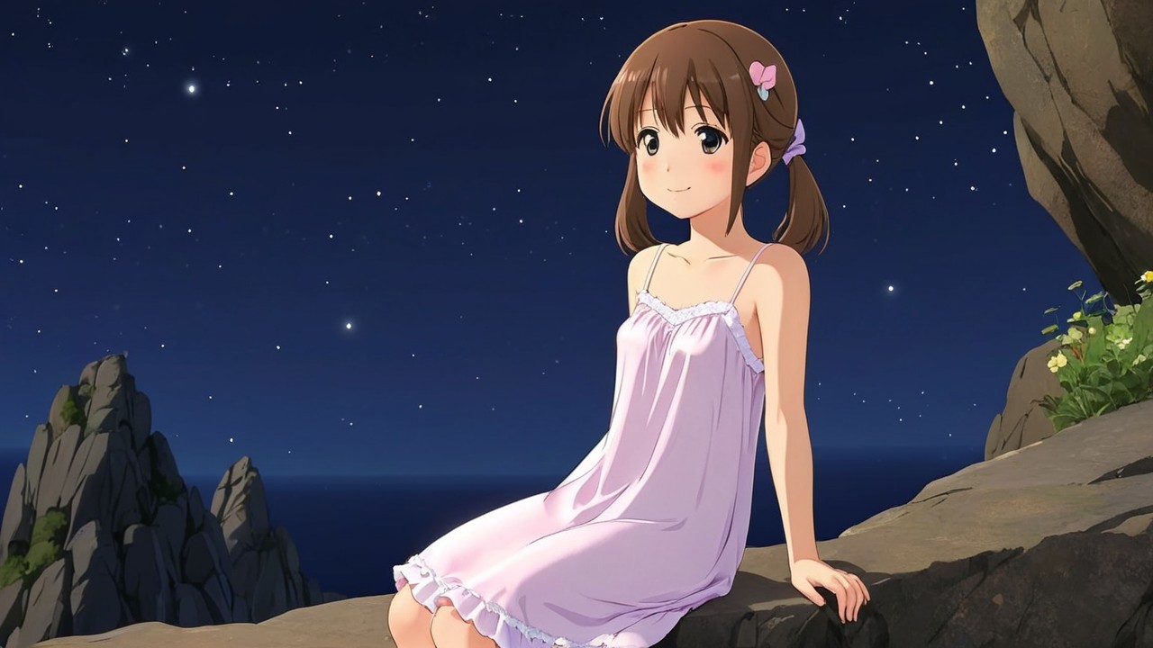 Young girl on rocky ledge under starry night sky