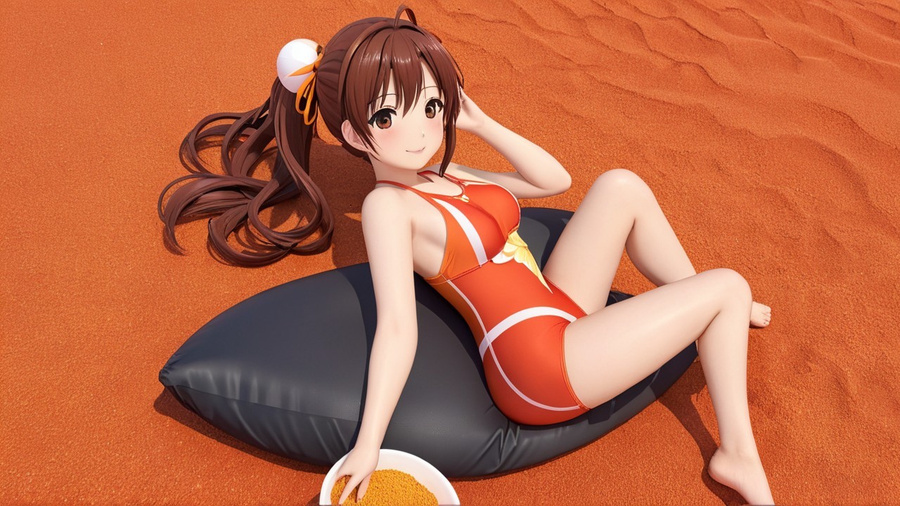 Cheerful Anime Girl Relaxing on Beach with Snacks