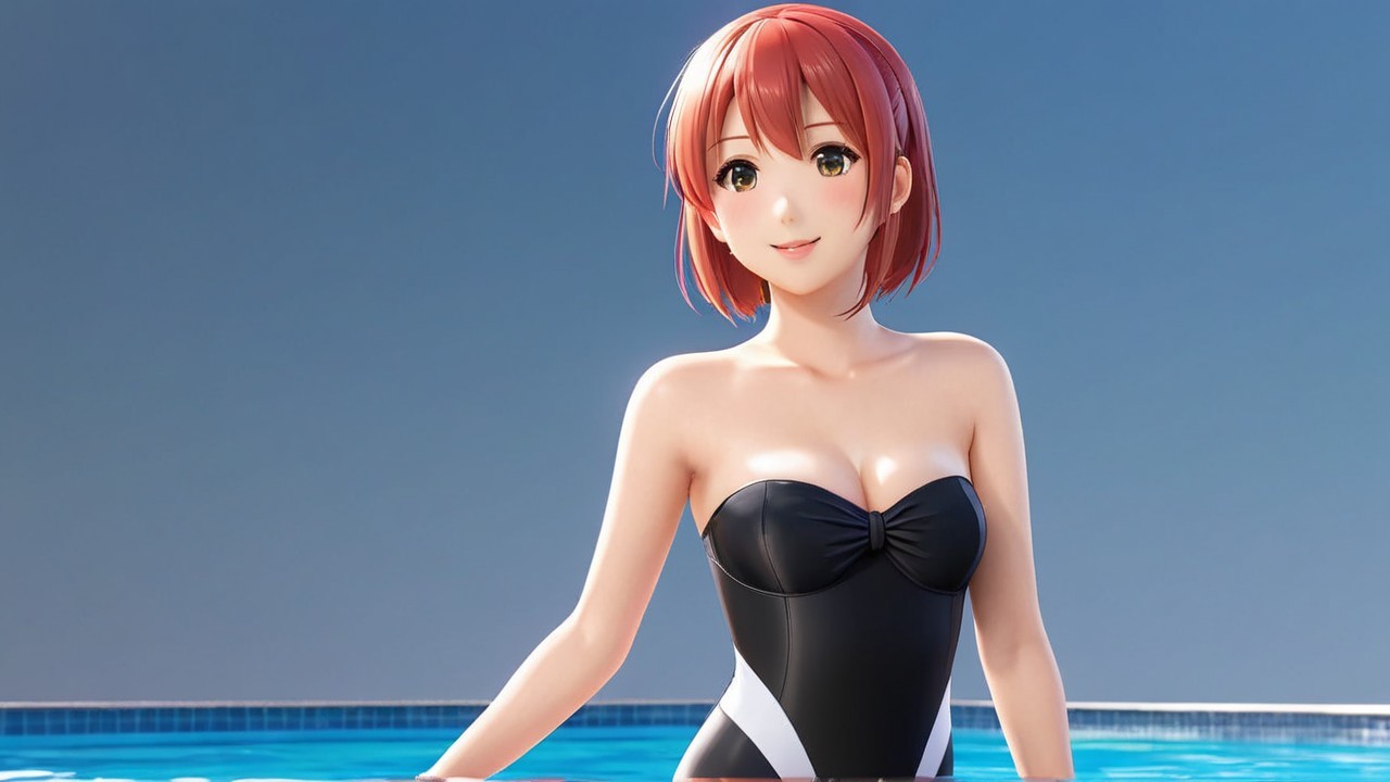 Stylized Animated Character in Black Swimsuit by Pool