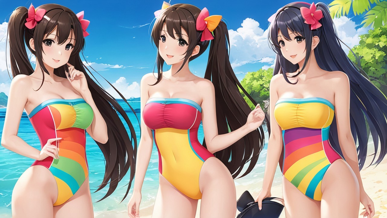 Three Characters in Colorful Swimsuits on Beach