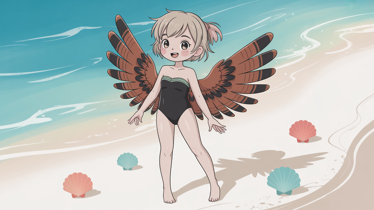 Anime Fairy Girl on a Beach with Red Wings