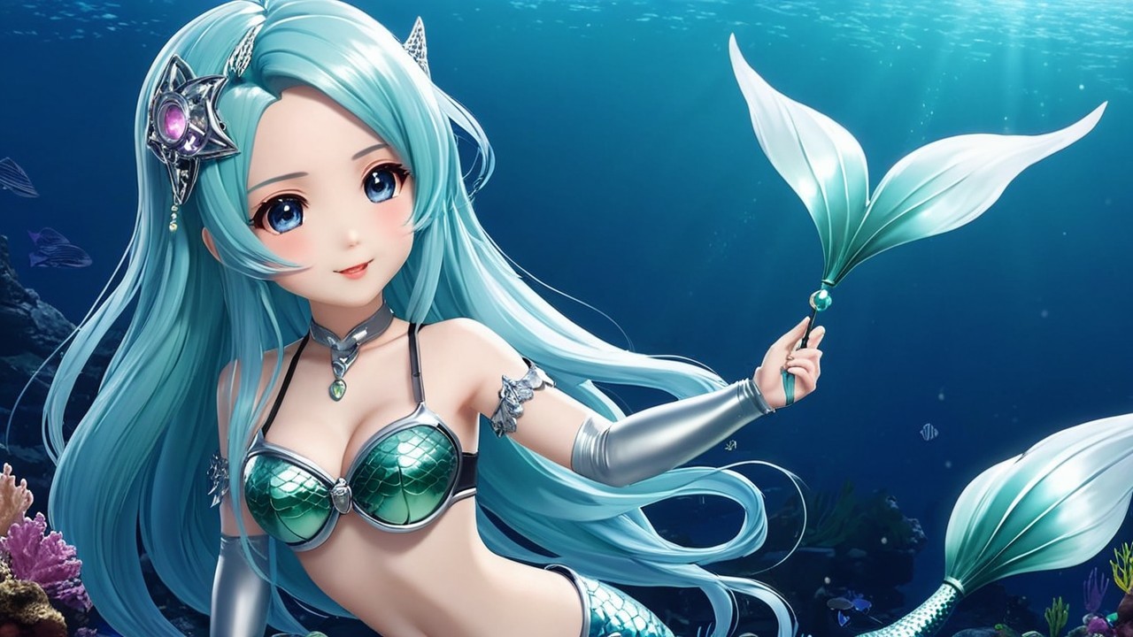 Anime-style mermaid with aqua hair and sparkling tail