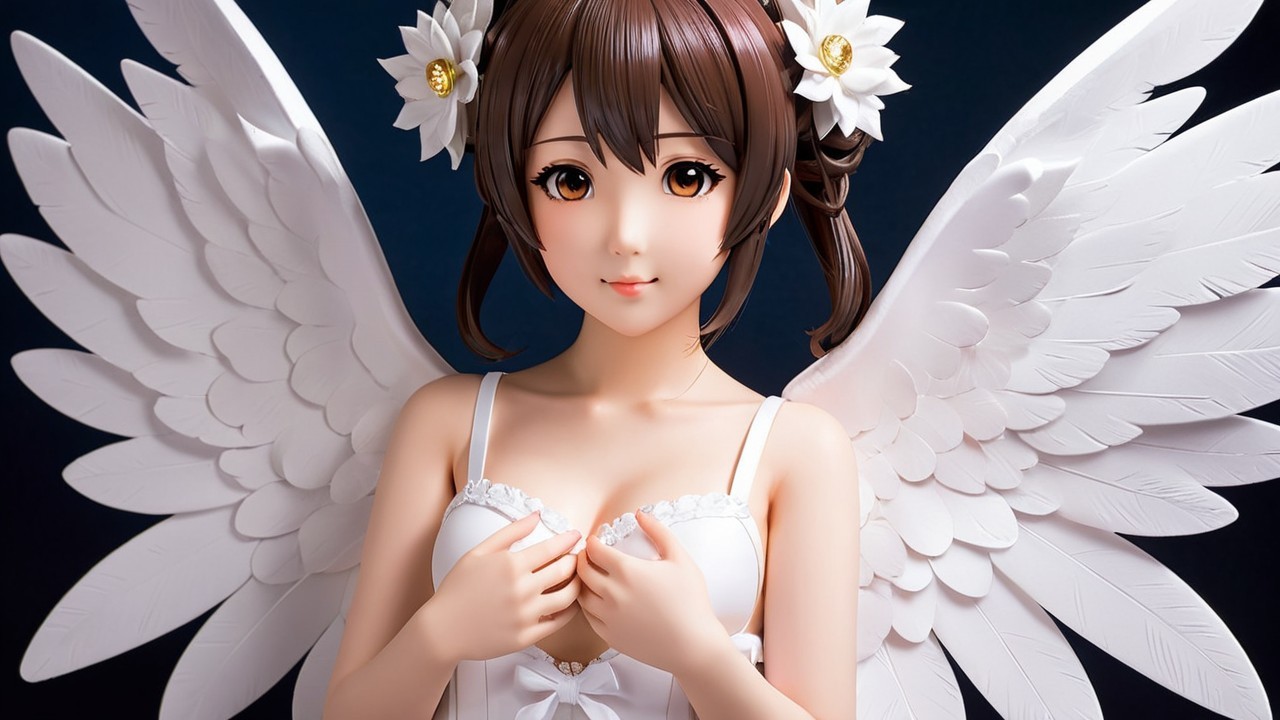 Stylized Female Figure with Angelic Wings and Flowers