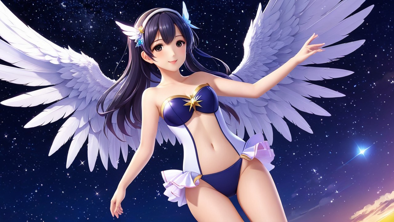 Fantasy Character with White Feathered Wings in Night Sky