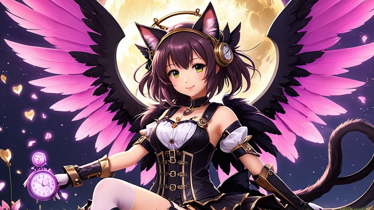 Fantasy Character with Cat Ears and Wings Under Moon
