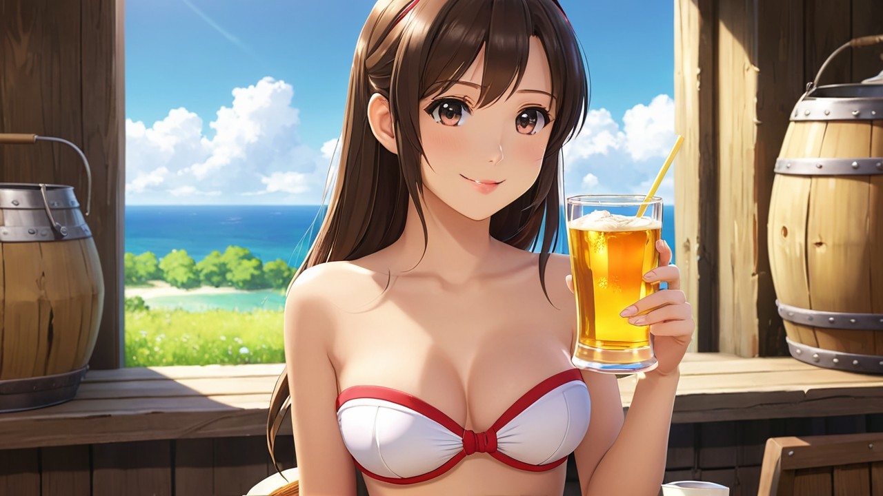 Young Woman in Bikini at Sunny Seaside Café