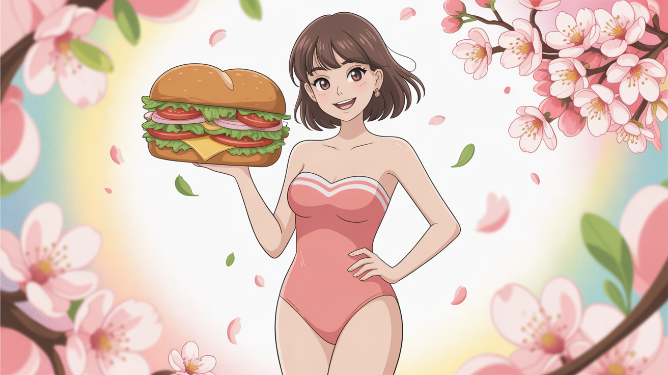 Anime-style illustration of a woman in a pink swimsuit