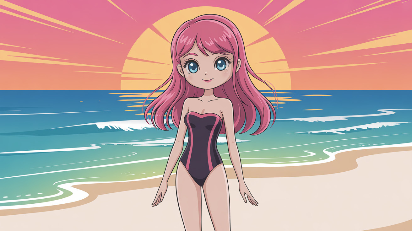 Anime Girl in Black Swimsuit on Beach at Sunset