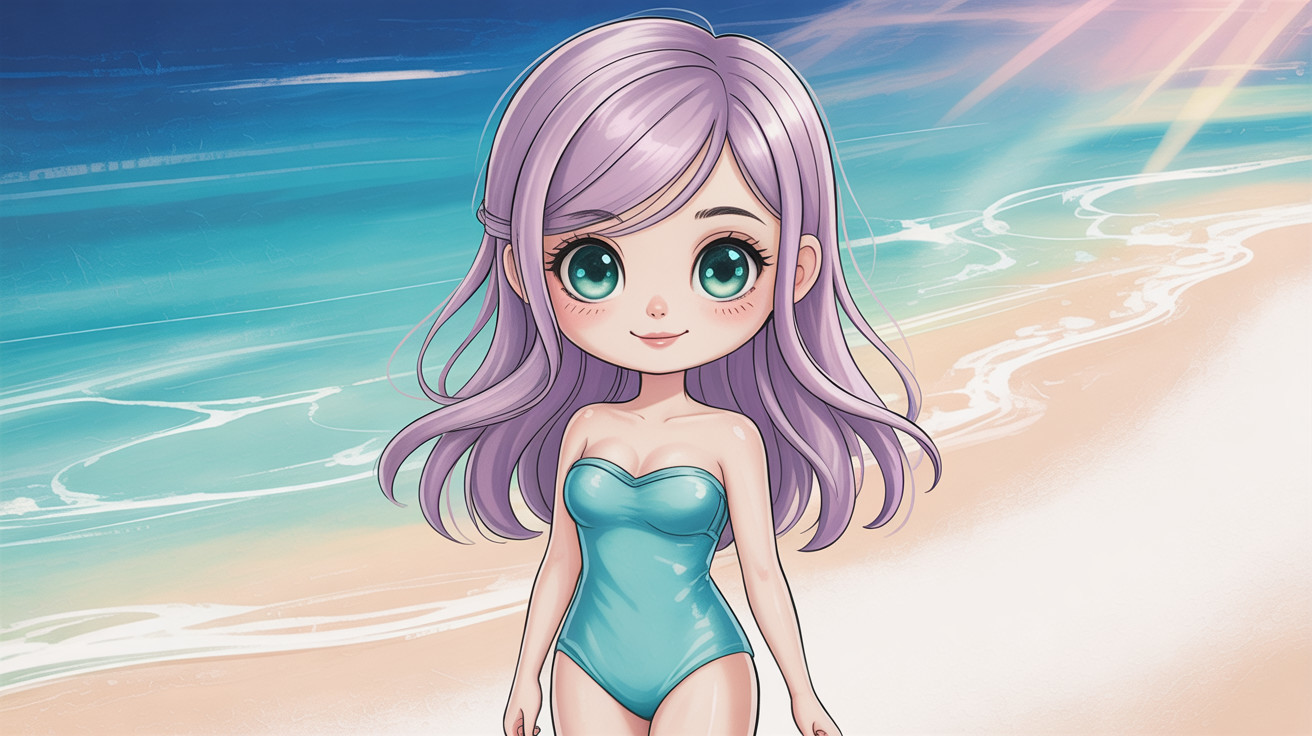 Charming Anime Chibi Character in Beachfront Setting