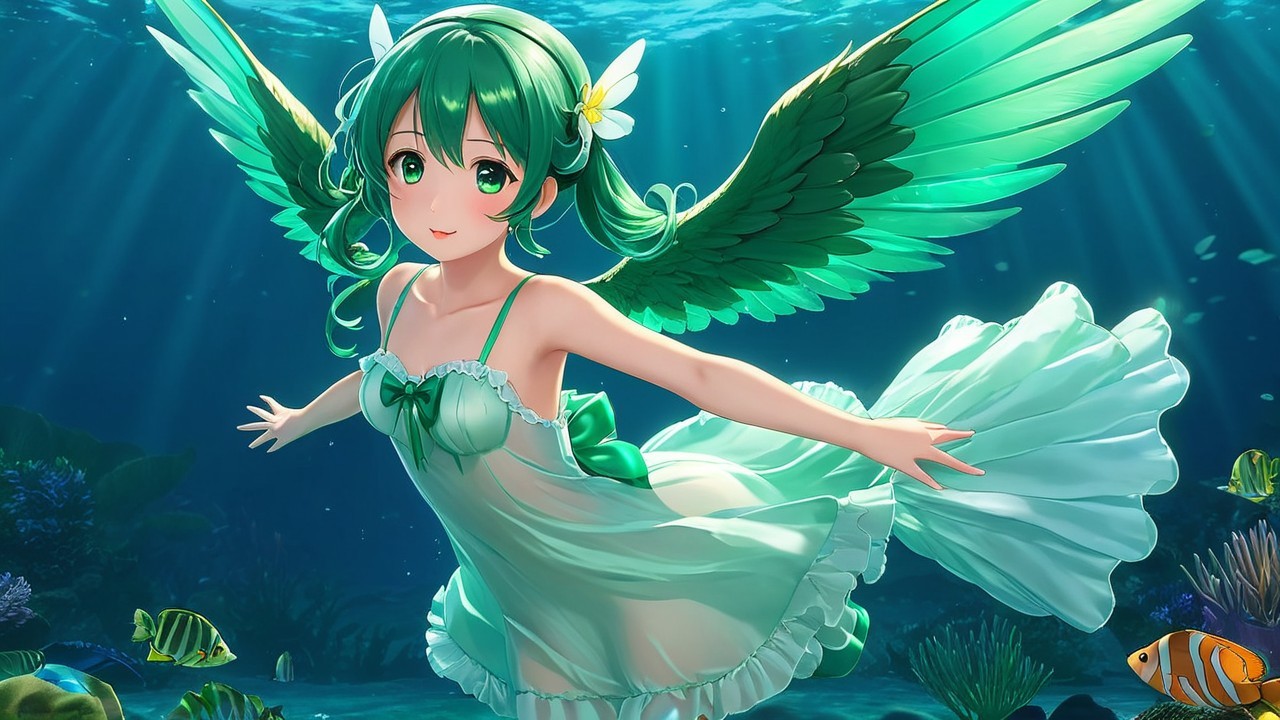 Graceful Character with Green Hair in Underwater Scene