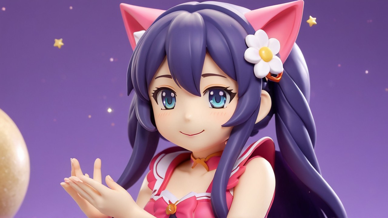 Anime character with blue hair and cat ears in pink outfit