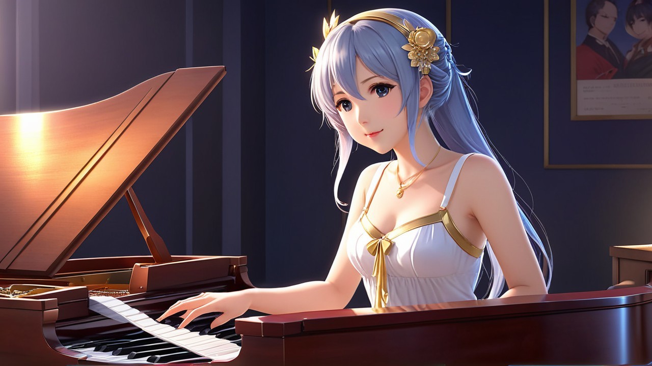 Young Woman in White Dress Playing Grand Piano
